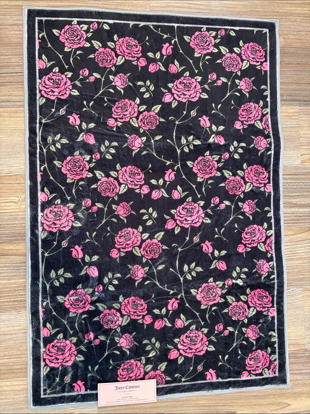 Juicy Couture Black Door Mat with Pink Rose Pattern
